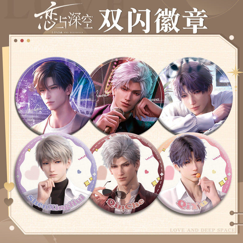 Love and DeepSpace X Mandy Collaboration Double Flash Badge - Silver Foil Dots Plain Surface Holographic 75mm 58mm Tinplate Badge - merrys