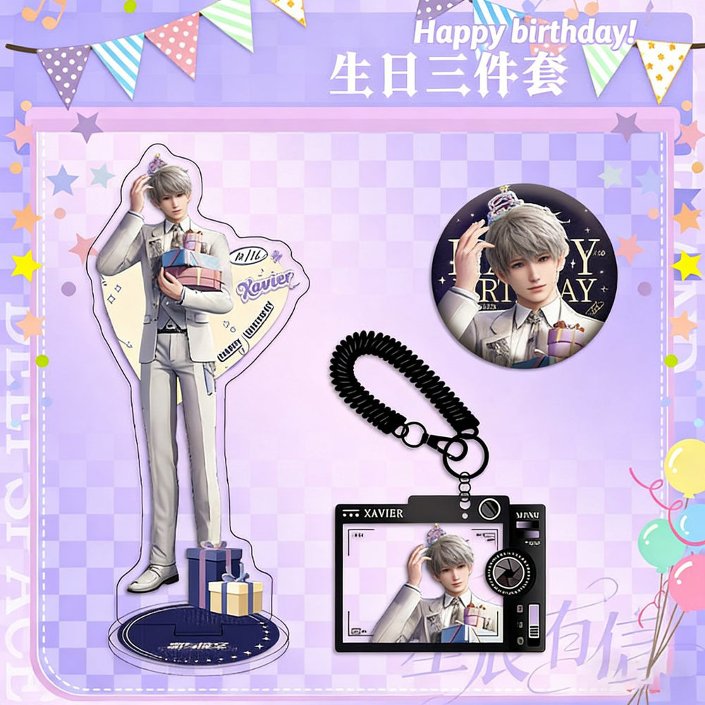 LaDS Xavier Birthday Three-Piece Set - Sandwich Standee, Double Flash Badge, Keychain Combo - merrys