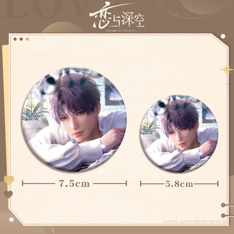 Love and DeepSpace X Mandy Collaboration Double Flash Badge - Silver Foil Dots Plain Surface Holographic 75mm 58mm Tinplate Badge - merrys