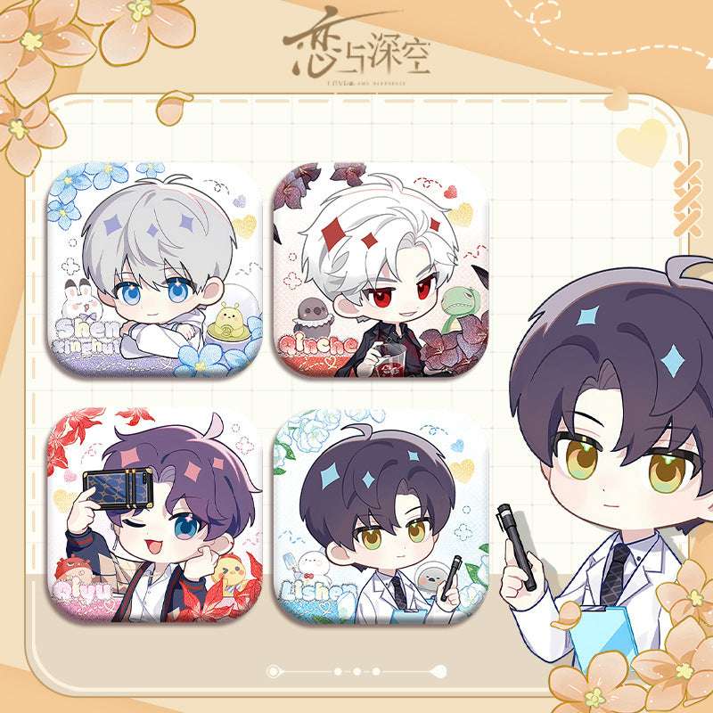 Love and DeepSpace X Mandy Collaboration Cartoon Square Badge - 5cm Tinplate Merchandise with Silver Foil Dots, Plain Surface, Holographic - merrys