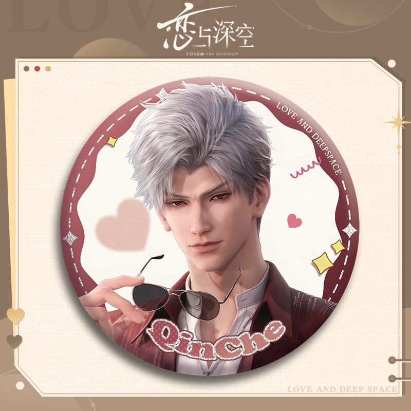 Love and DeepSpace X Mandy Collaboration Double Flash Badge - Silver Foil Dots Plain Surface Holographic 75mm 58mm Tinplate Badge - merrys