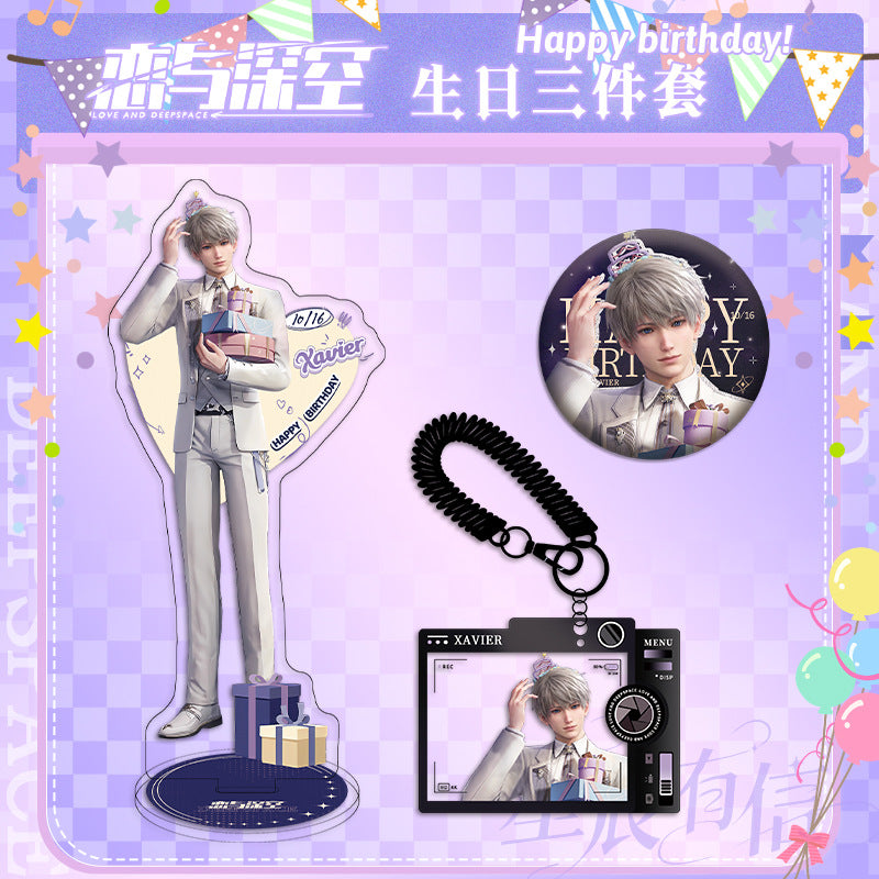 LaDS Xavier Birthday Three-Piece Set - Sandwich Standee, Double Flash Badge, Keychain Combo - merrys