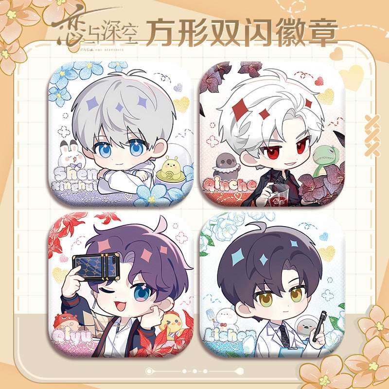 Love and DeepSpace X Mandy Collaboration Cartoon Square Badge - 5cm Tinplate Merchandise with Silver Foil Dots, Plain Surface, Holographic - merrys