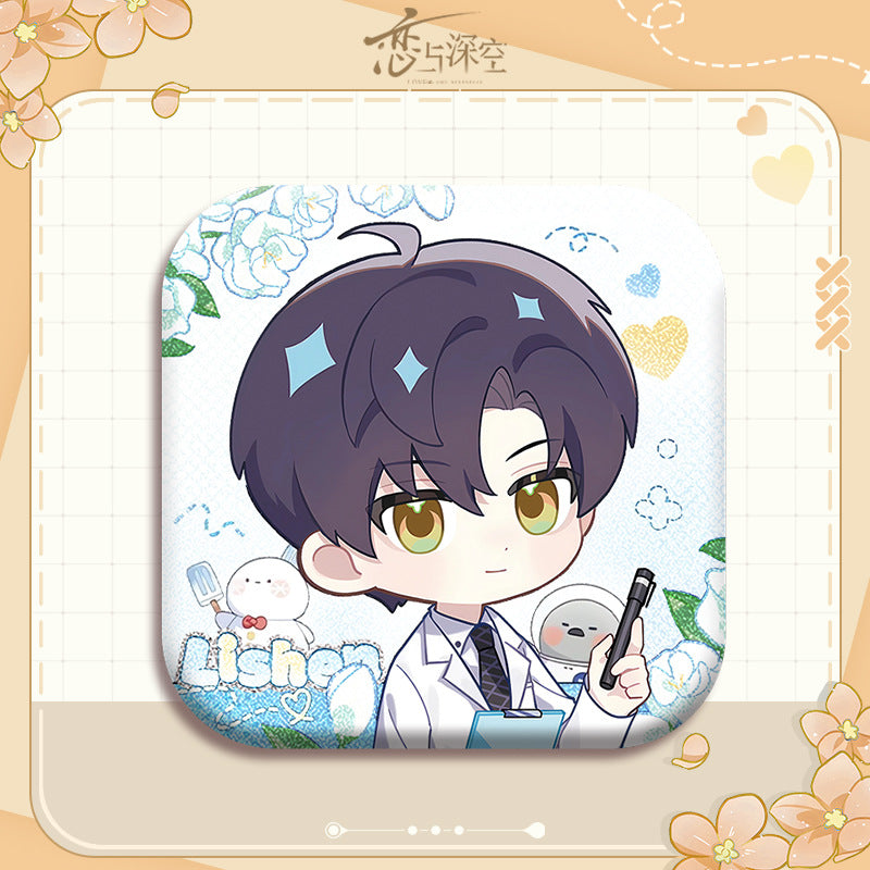 Love and DeepSpace X Mandy Collaboration Cartoon Square Badge - 5cm Tinplate Merchandise with Silver Foil Dots, Plain Surface, Holographic - merrys