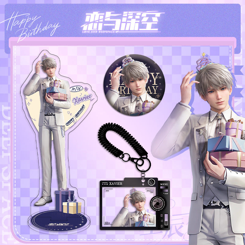 LaDS Xavier Birthday Three-Piece Set - Sandwich Standee, Double Flash Badge, Keychain Combo - merrys