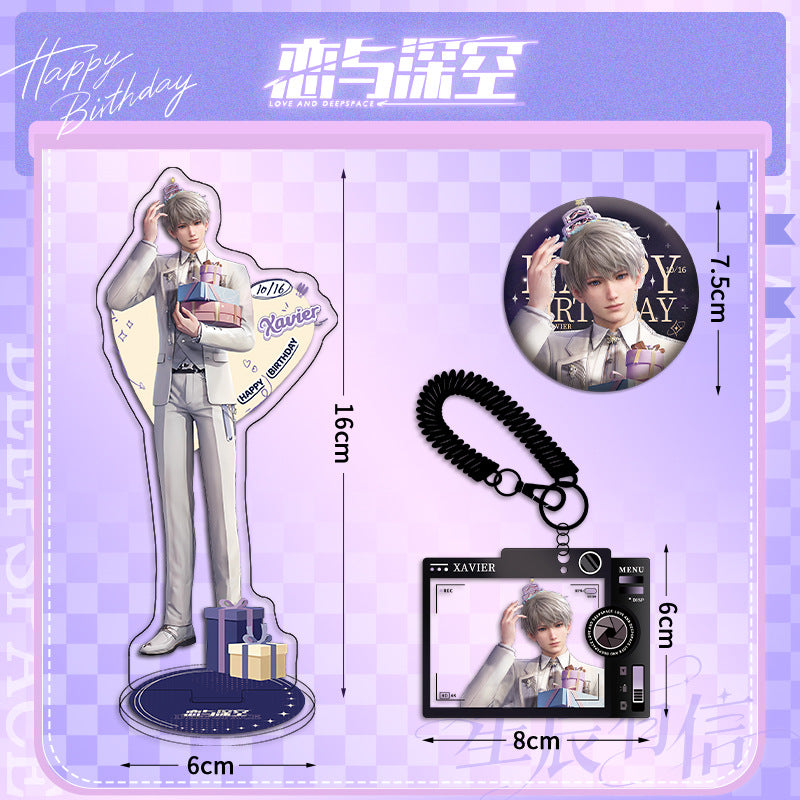 LaDS Xavier Birthday Three-Piece Set - Sandwich Standee, Double Flash Badge, Keychain Combo - merrys