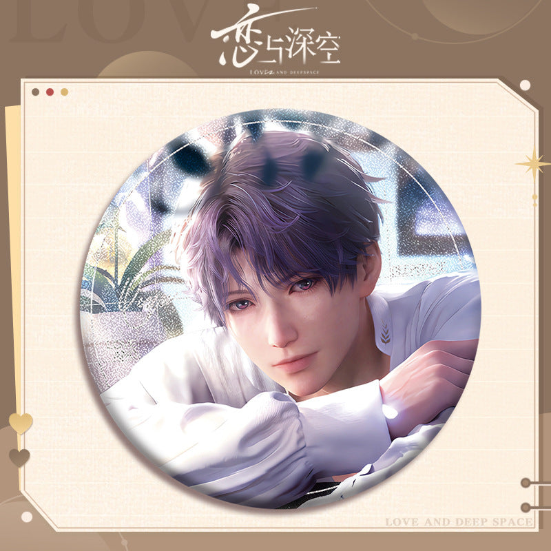 Love and DeepSpace X Mandy Collaboration Double Flash Badge - Silver Foil Dots Plain Surface Holographic 75mm 58mm Tinplate Badge - merrys