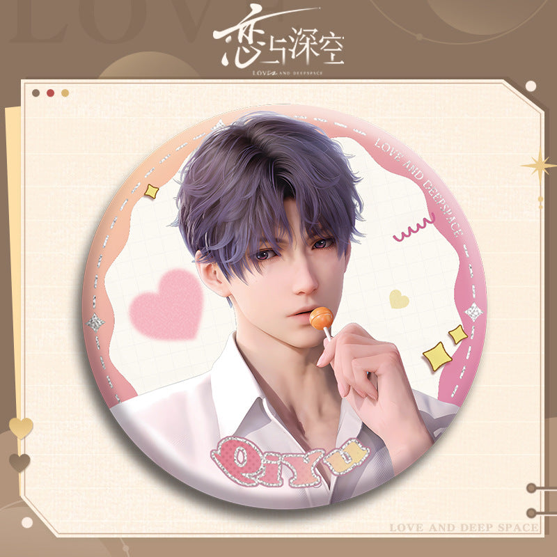 Love and DeepSpace X Mandy Collaboration Double Flash Badge - Silver Foil Dots Plain Surface Holographic 75mm 58mm Tinplate Badge - merrys