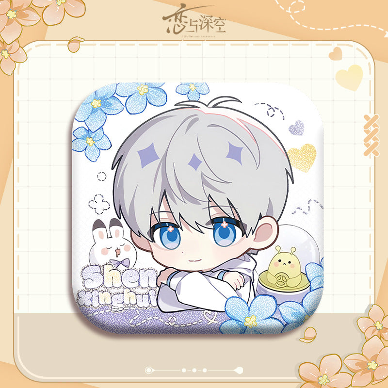 Love and DeepSpace X Mandy Collaboration Cartoon Square Badge - 5cm Tinplate Merchandise with Silver Foil Dots, Plain Surface, Holographic - merrys