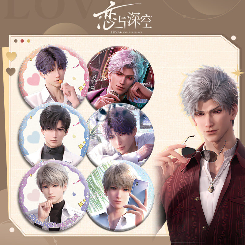 Love and DeepSpace X Mandy Collaboration Double Flash Badge - Silver Foil Dots Plain Surface Holographic 75mm 58mm Tinplate Badge - merrys