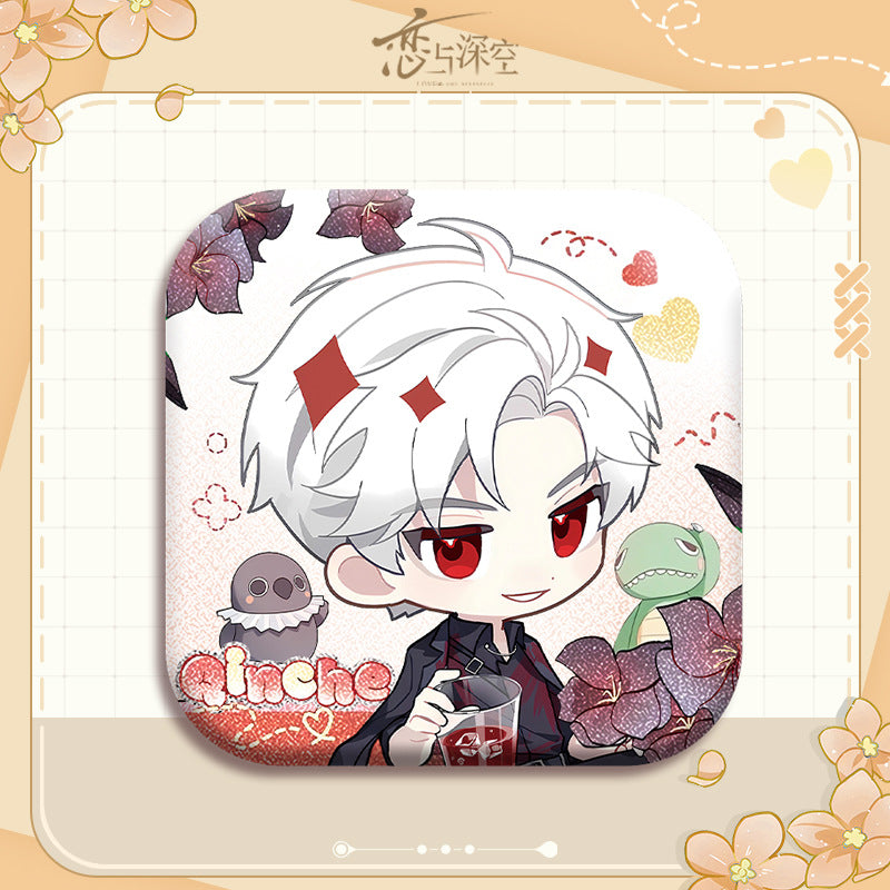 Love and DeepSpace X Mandy Collaboration Cartoon Square Badge - 5cm Tinplate Merchandise with Silver Foil Dots, Plain Surface, Holographic - merrys